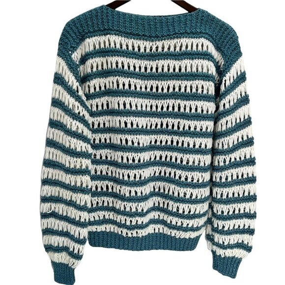 Vintage Sweaters - Unique! Vintage Hand Knit Open Weave Sweater White/Teal Size M/L